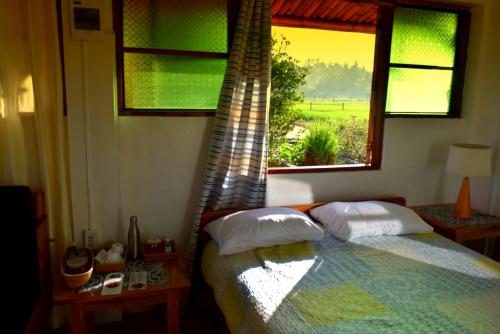 a bedroom with a bed with two pillows and a window at Guerrera Rice Paddy Villas in Mambajao
