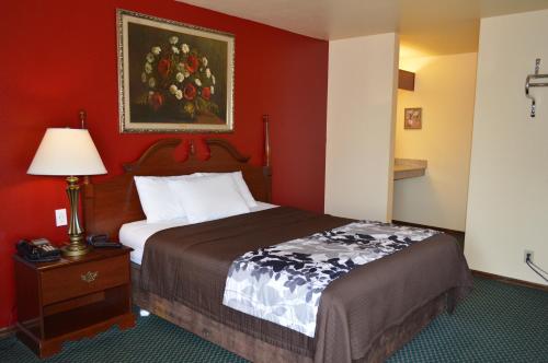 a hotel room with a bed and a painting on the wall at Western Motel in Junction City