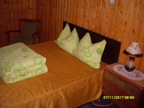 プレデアルにあるPensiunea Bors Ioanのベッド(緑と白の枕付)