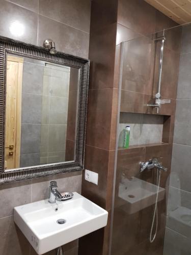 a bathroom with a sink and a shower with a mirror at Gudauri Redco Block 4/304 in Gudauri