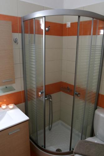 a shower with glass doors in a bathroom at Boutique Hotel Iasmos in Trizonía
