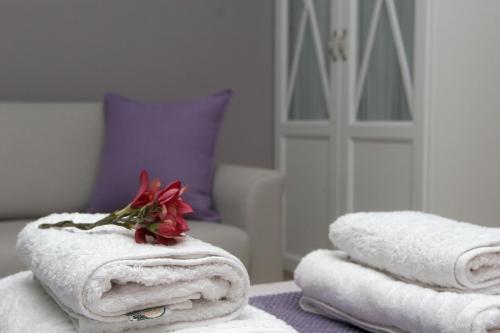 a pile of towels with a flower on top of them at Boutique Hotel Iasmos in Trizonía