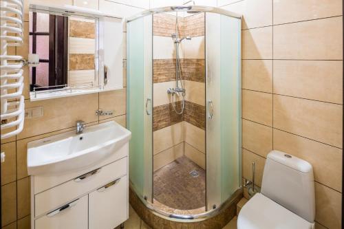 W łazience znajduje się prysznic, umywalka i toaleta. w obiekcie Аpartments on the square of Danylo Halytskyi w Lwowie