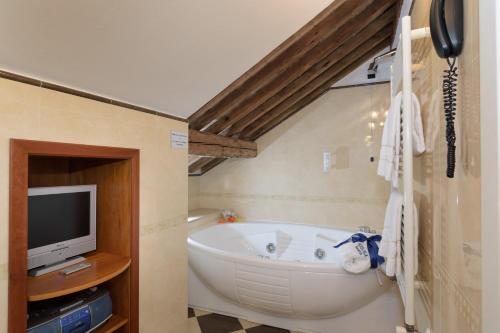 a bathroom with a bath tub and a tv at UNAHOTELS Ala Venezia-Adults 16 in Venice