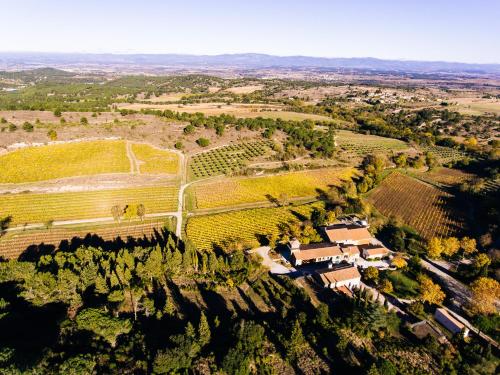an aerial view of a vineyard with a house at Domaine Calmel & Joseph in Montirat