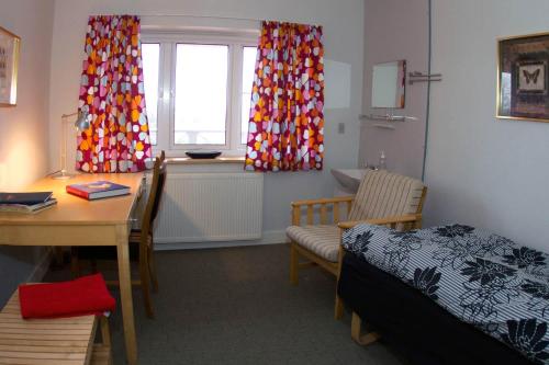 a room with a bed and a table and a window at Hotel Lolland in Nørreballe