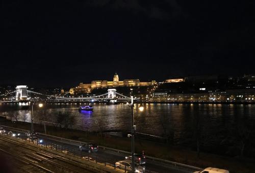 a city at night with a river and a bridge at Apartment Castle View in Budapest