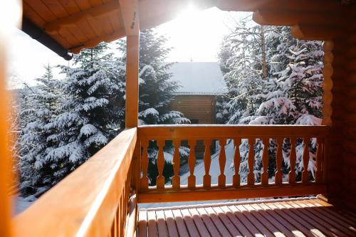 a balcony with snow covered trees and a window at Provintsia in Migovo