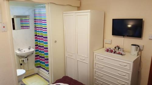 a bathroom with a sink and a toilet and a television at The Middleton in Blackpool