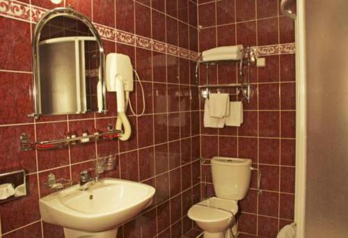 a bathroom with a sink and a toilet and a mirror at Hotel Star in Mukacheve