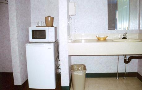 a kitchen with a sink and a microwave on top of a refrigerator at Red Carpet Inn & Suites Hammonton - Atlantic City in Hammonton