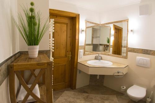 a bathroom with a sink and a mirror at Haus Sonnleit in Kössen