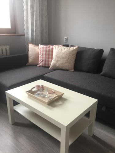 a living room with a couch and a white coffee table at Apartment Oświęcim klimatyzowany in Oświęcim