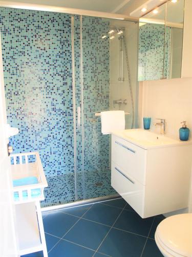 a bathroom with a shower and a sink and a toilet at Studio Apartment Branko in Novalja