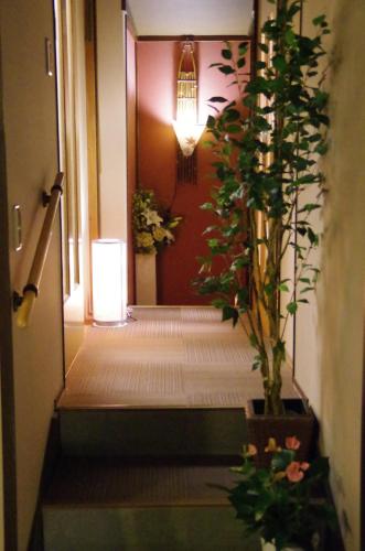 a hallway with stairs with potted plants and a light at Ryoso Chatani in Kyoto