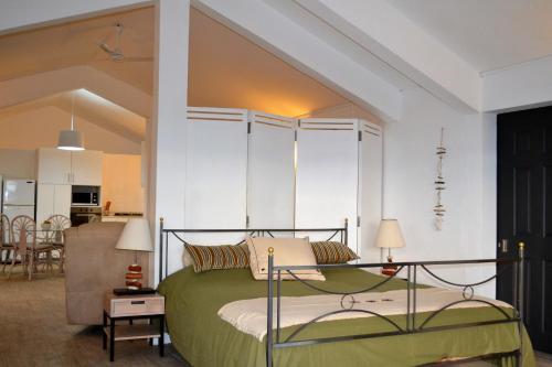 a bedroom with a bed with a green bedspread at 21LG Le Morne View in La Gaulette