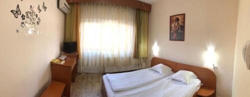 ルムニク・ヴルチャにあるMotel Topologの小さなベッドルーム(ベッド1台、窓付)
