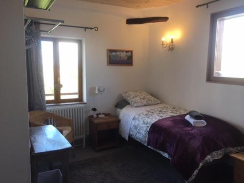 a bedroom with a bed and a table and two windows at Les Glycines in Saint-Gaudens