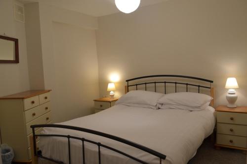 een slaapkamer met een bed met 2 nachtkastjes en 2 lampen bij Huccaby Tor Apartmernt in Torquay