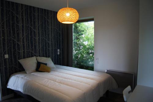 a bedroom with a large bed with a window at Les Gîtes de l’Oree in Bécherel