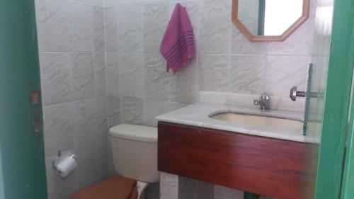 a bathroom with a sink and a toilet and a mirror at Lagoa Encantada I in Ilhéus