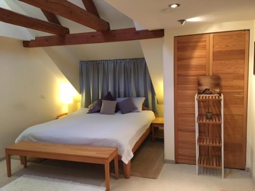 a bedroom with a large bed and a book shelf at Forsthaus zu Lichtenhof in Nürnberg