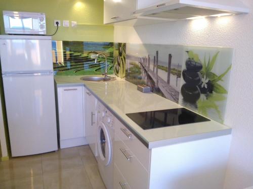 a kitchen with a white refrigerator and a sink at Barcaresa-Agréable appartement vue mer panoramique in Le Barcarès