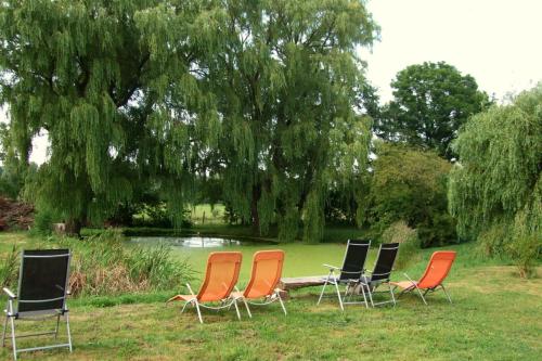 a group of chairs sitting in the grass at Hof Kranichweide, Holzblockhaus in Saal