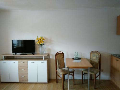 a room with a table and chairs and a tv at Greizer Kammhütte Gaststätte & Pension in Klingenthal