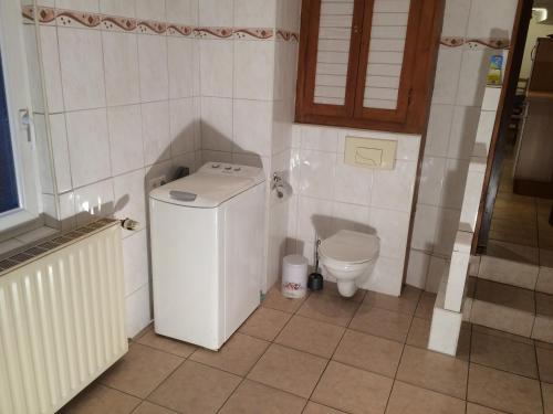 a small bathroom with a washer and a toilet at Quartier vert in Hunspach