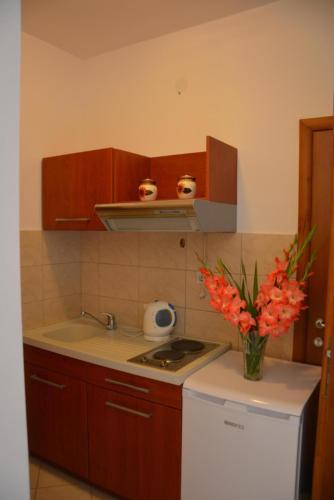 a kitchen with a sink and a counter with flowers at Apartment Dakic in Herceg-Novi