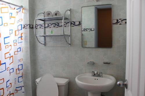 a bathroom with a sink and a toilet and a mirror at Hotel Caribe Panamá in Panama City