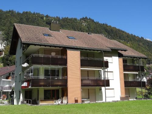 ein großes Apartmenthaus mit einem Hügel im Hintergrund in der Unterkunft Apartment Blumenweg 8 by Interhome in Engelberg