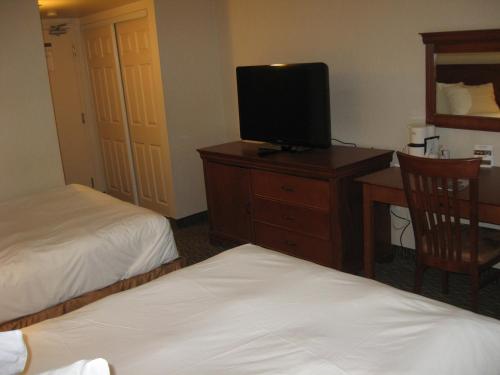 a hotel room with two beds and a television on a dresser at Hotel Chrome Montreal Centre-Ville in Montréal