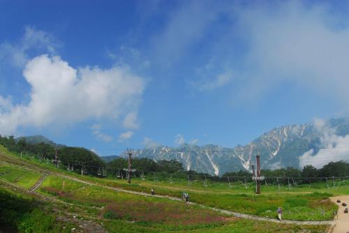 a grassy field with a mountain in the background at Hakuba Park Hotel in Hakuba