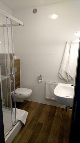 a bathroom with a toilet and a sink at Hotel Delicjusz in Trzebaw
