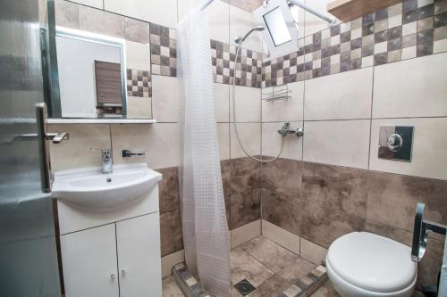 a bathroom with a toilet and a sink and a shower at Toulas Studios & Apts No2 in Faliraki