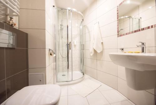 W łazience znajduje się prysznic, toaleta i umywalka. w obiekcie Hotel Kazimierz II w Krakowie