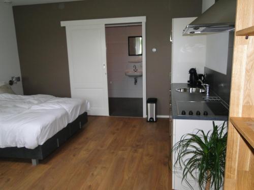 a bedroom with a bed and a kitchen with a sink at Boerderij de Spijken in Ammerzoden