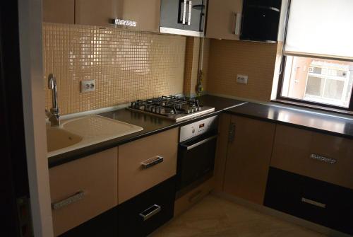una cucina con lavandino e piano cottura forno superiore di Star Apart a Râmnicu Vâlcea
