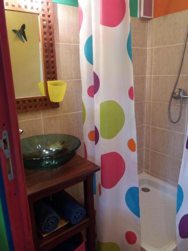 a bathroom with a sink and a shower curtain at Ti Plèn Kréol in Pointe-Noire