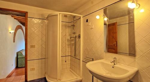サン・カシャーノ・イン・ヴァル・ディ・ペーザにあるAgriturismo I Ceppiの白いバスルーム(シンク、シャワー付)