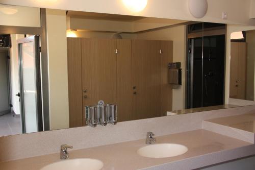 a bathroom with two sinks and a large mirror at B&B Pri Peclju in Podgrad