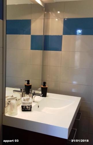 a bathroom with a white sink and a mirror at Appart'Hotel Parc Johan in Chauffailles