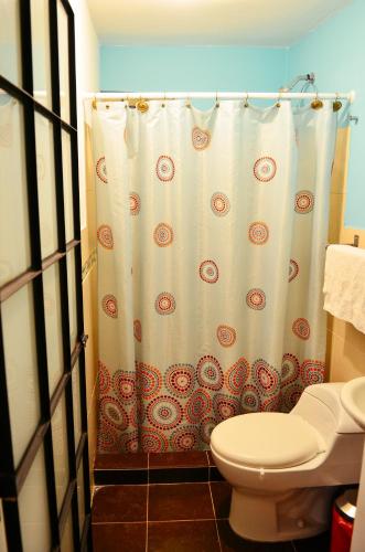 a bathroom with a shower curtain and a toilet at Magic Garden House in Cali