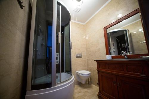 a bathroom with a shower and a toilet and a sink at Hotel & Spa Arkadia in Tomaszów Lubelski