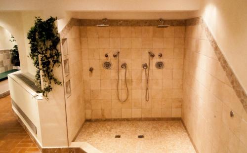 a bathroom with a shower with two shower heads at Gasthof Götznerhof in Innsbruck