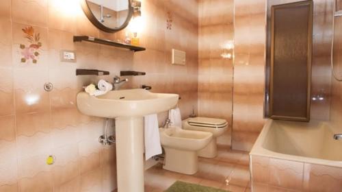łazienka z umywalką, toaletą i lustrem w obiekcie Tea Bastian w Livigno