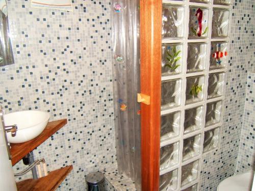 La salle de bains est pourvue d'une douche avec des panneaux en verre clair. dans l'établissement 4VSE-VER34 Appartement proche plage avec parking, à Collioure