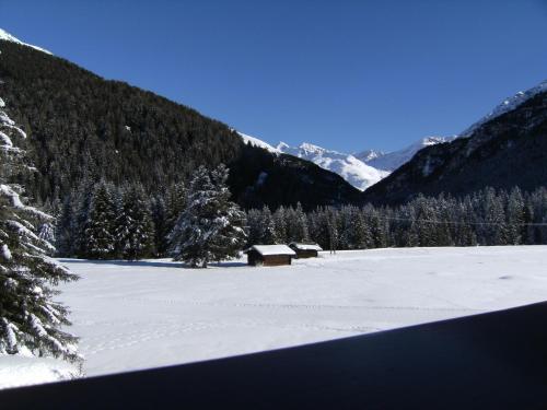 a snow covered field with a cabin in the mountains at Albergo Thurwieser in Santa Caterina Valfurva